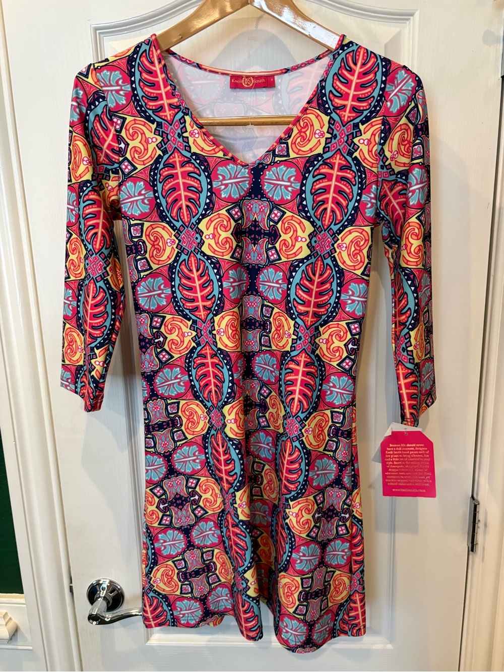 Kaeli Smith Multicolor V-Neck 3/4 Sleeve colorful Printed Dress resort wear S